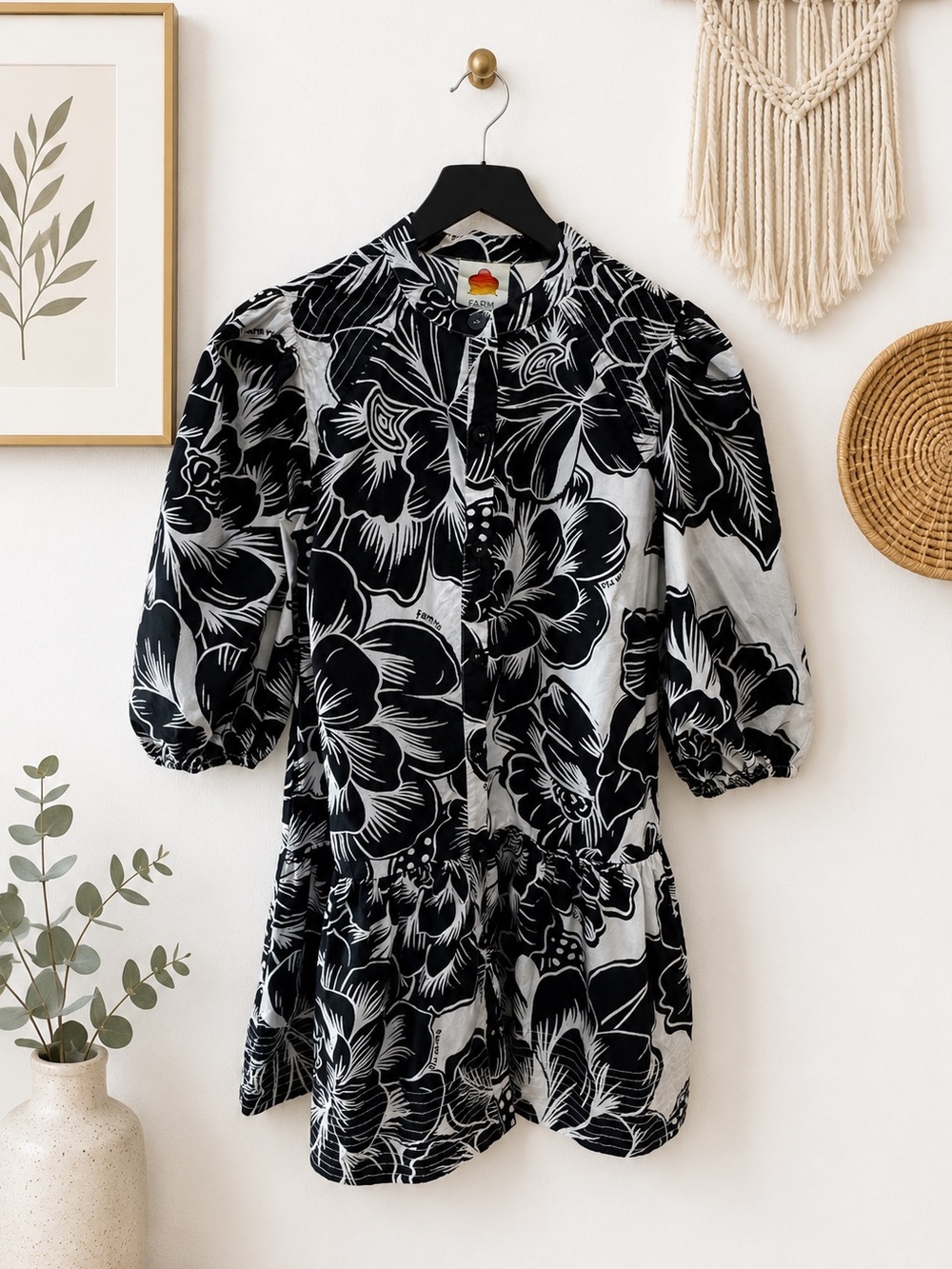 FARM Rio Black & White Floral Puff-Sleeve Mini Dress